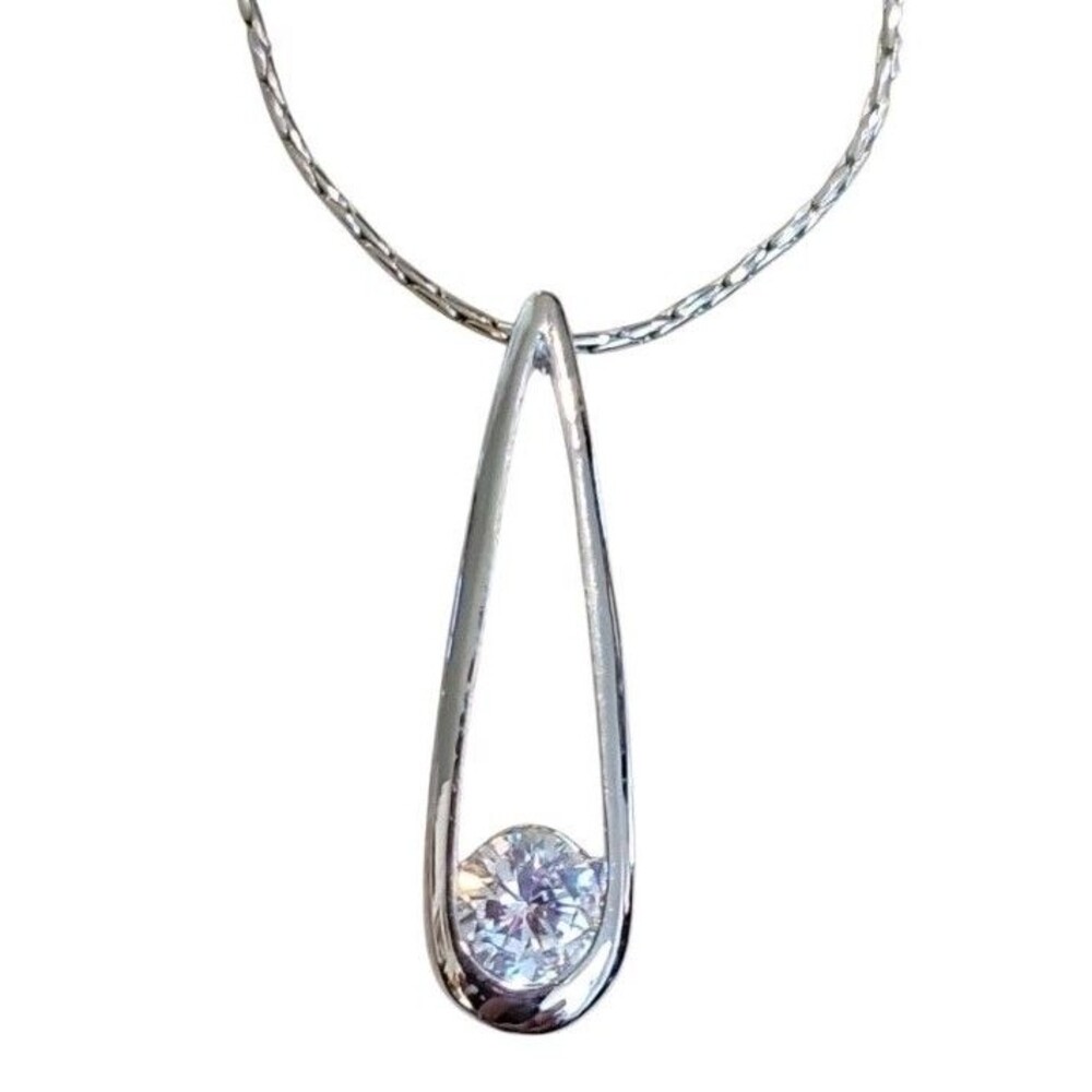 Cookie Lee Silvertone Sparkling CZ Modern Drop Pendant Necklace Reflective Chain - Picture 3 of 10